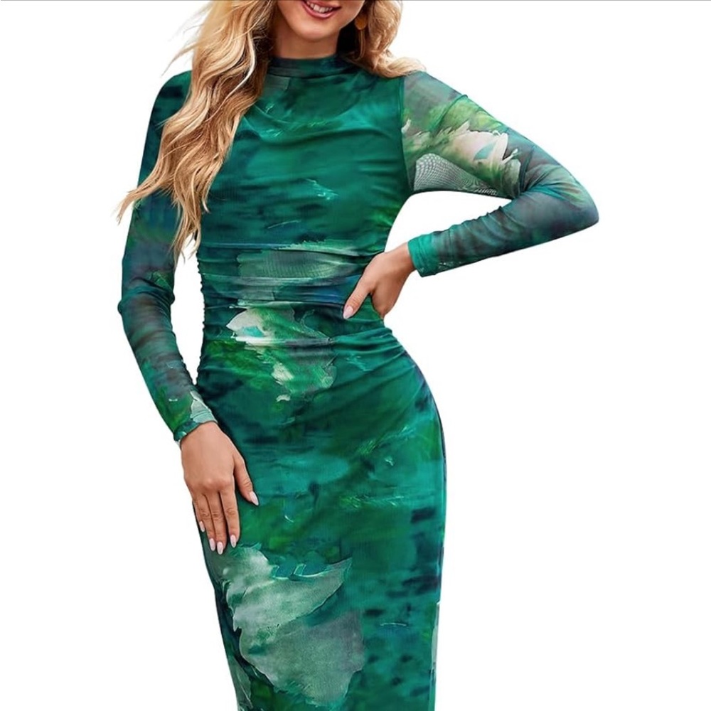 Mesh long sleeve bodycon maxi dress
